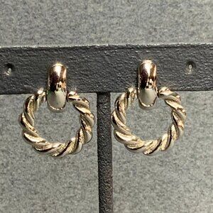 Monet Hoop Knocker Earrings Pierced Silver Twisted Shiny Texture Retro Vintage